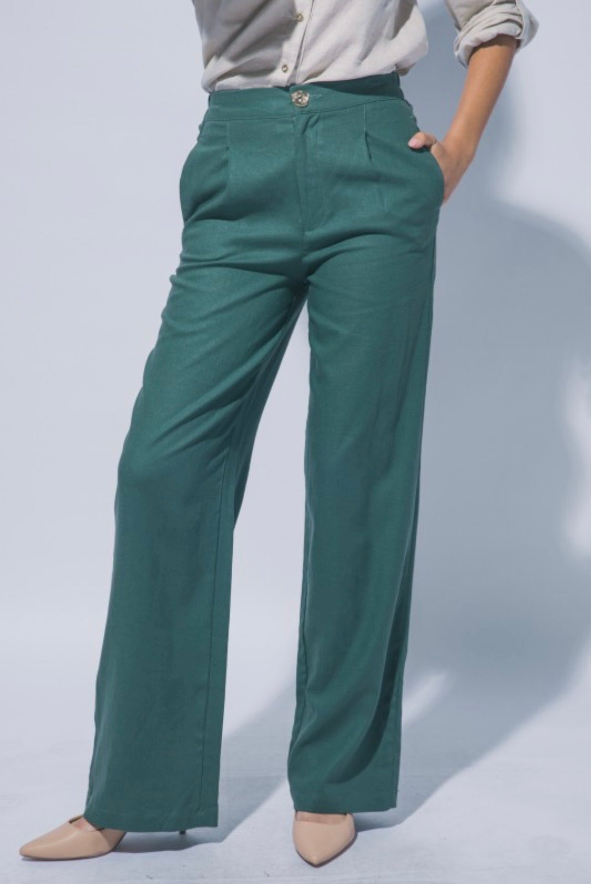 High Waisted Straight Leg Linen Pants - Teal Green