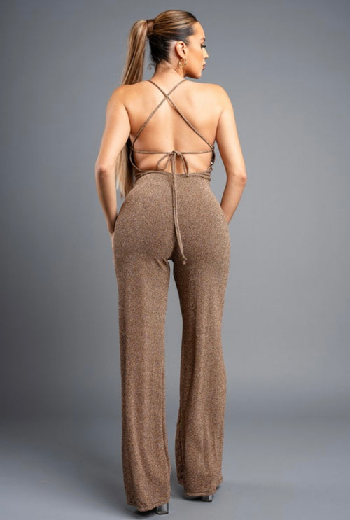 Chic Metallic Glitter Drawstring Wide Leg Jumpsuit – Gold