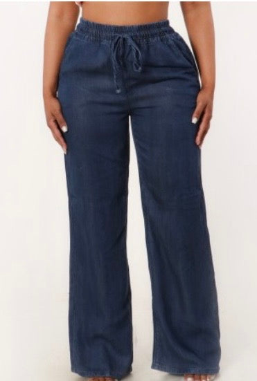 Elastic Waist with Drawstring Denim Wide Leg Pants