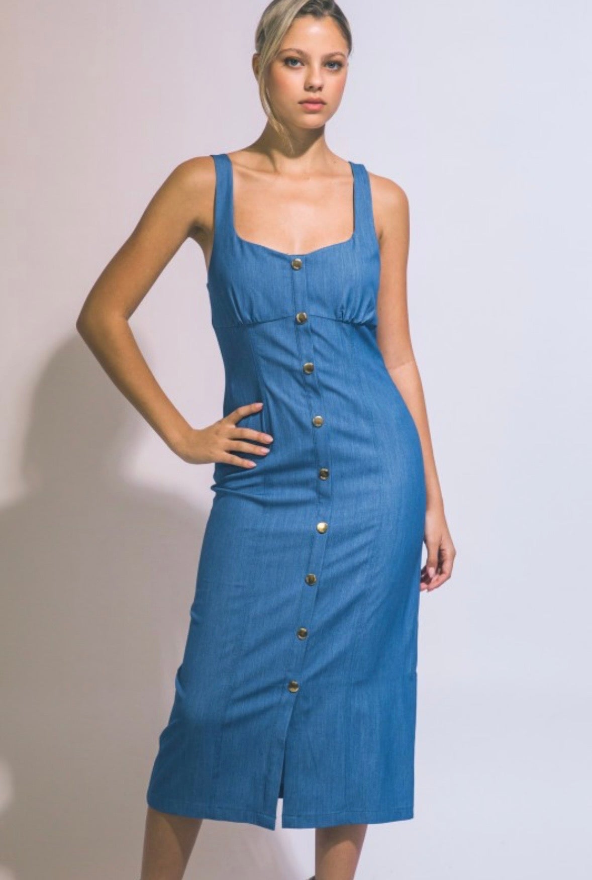 Button Front Midi Dress Blue