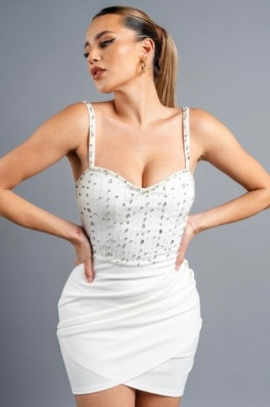 Luxe Rhinestone Embellished Wrap Hem Mini Dress