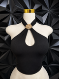 Front Metal Shell Trim Cut Out Halter Tank Top