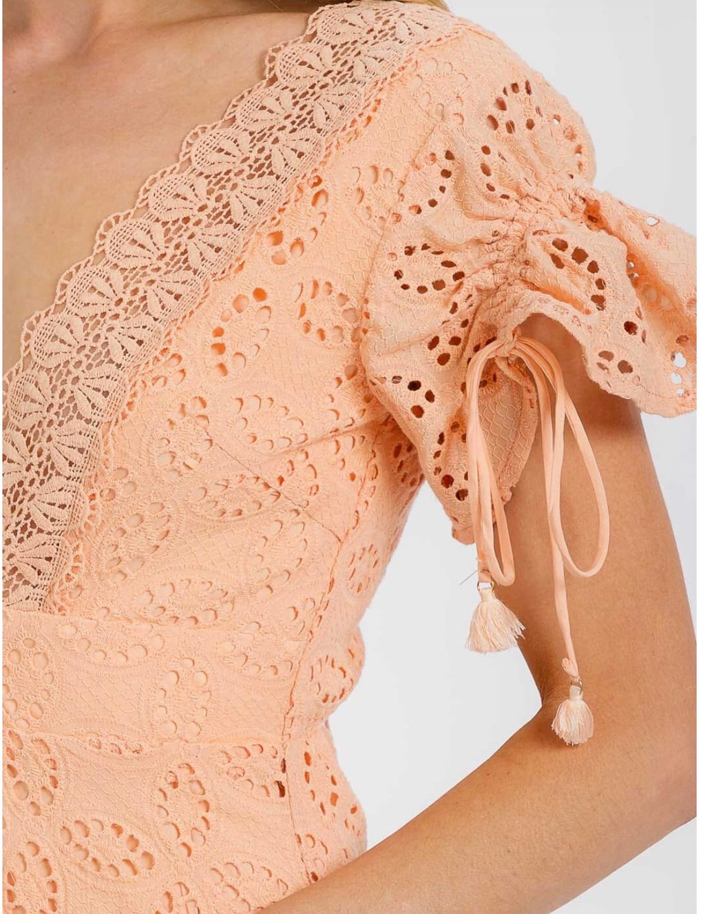 Short Sleeve V-Neck Eyelet Trim Mini Dress
