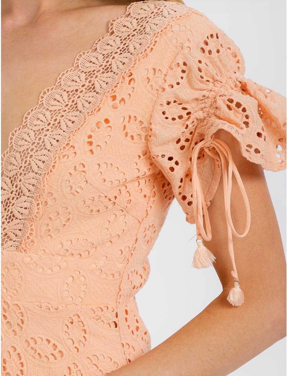 Short Sleeve V-Neck Eyelet Trim Mini Dress