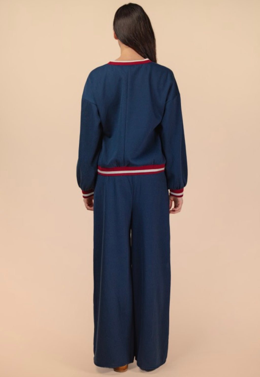 Color Block Band Detail Comfy Knit Top & Pants Set