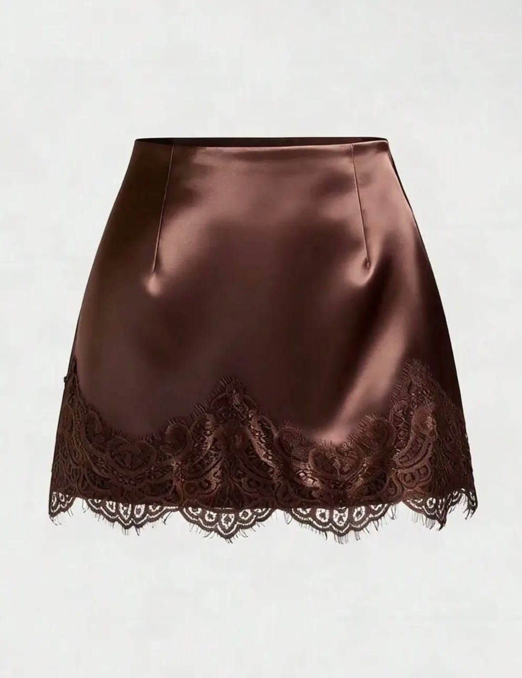 High Waisted Lace Trim Satin Mini Skirt
