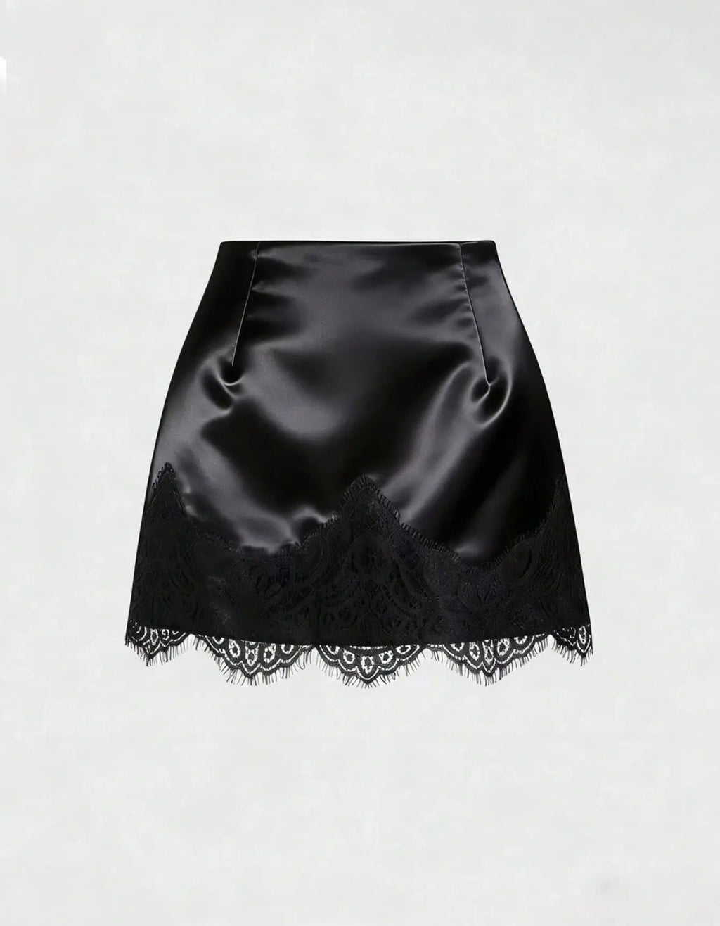 High Waisted Lace Trim Satin Mini Skirt
