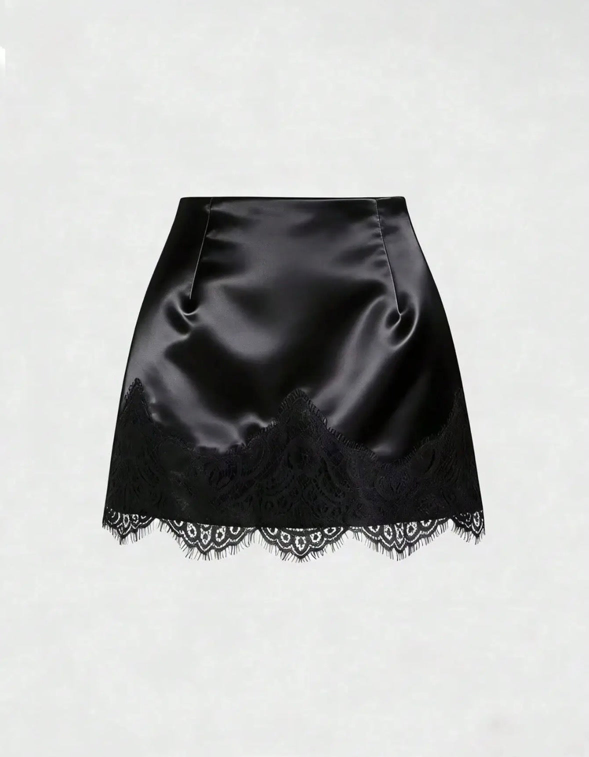 High Waisted Lace Trim Satin Mini Skirt