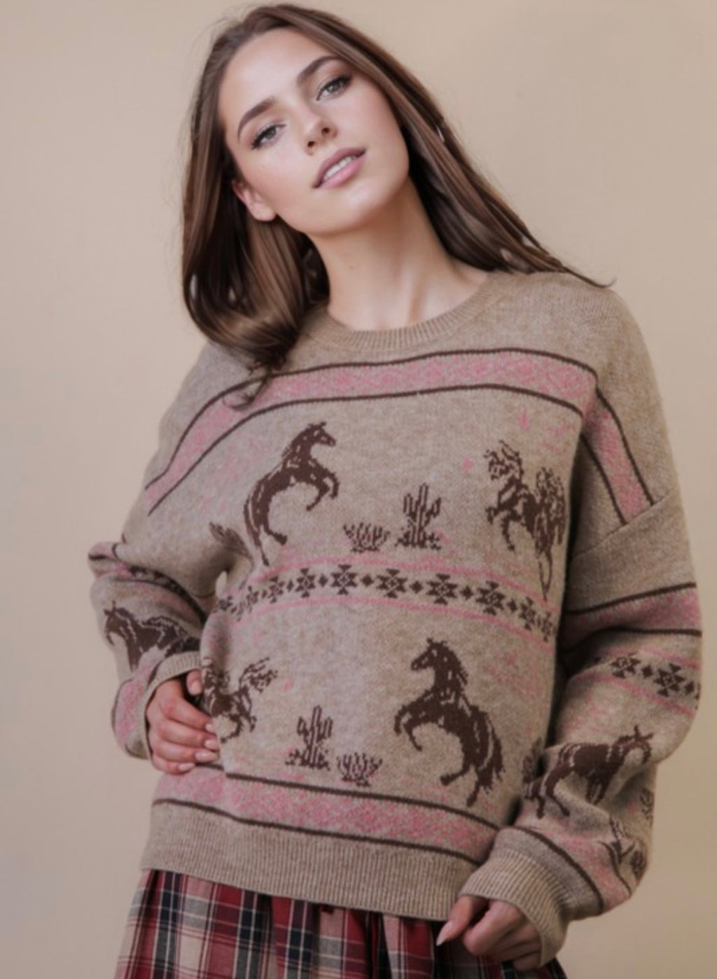 Oversized Western Graphic Knit Sweater Top