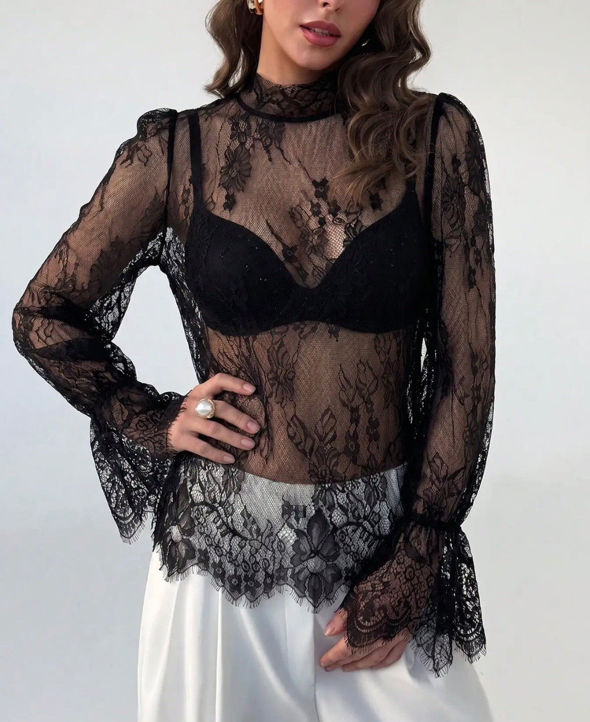Sheer Lace Bell Sleeve Blouse