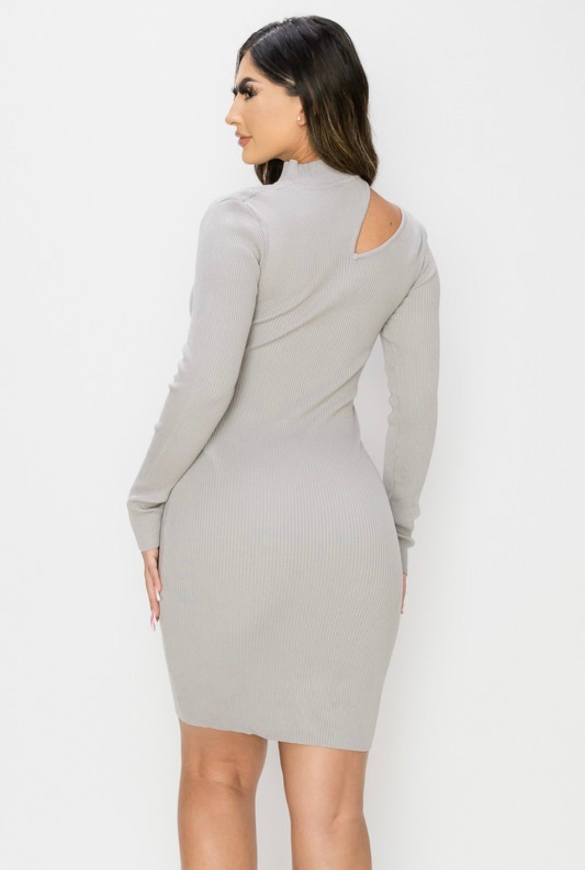 Trendy Ribbed Front Cutout Long Sleeved Dress