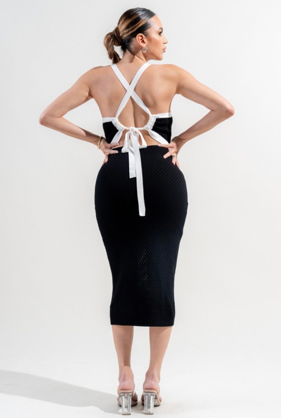 Sweater Knit Back Cut-Out Tie Detail Midi Dress