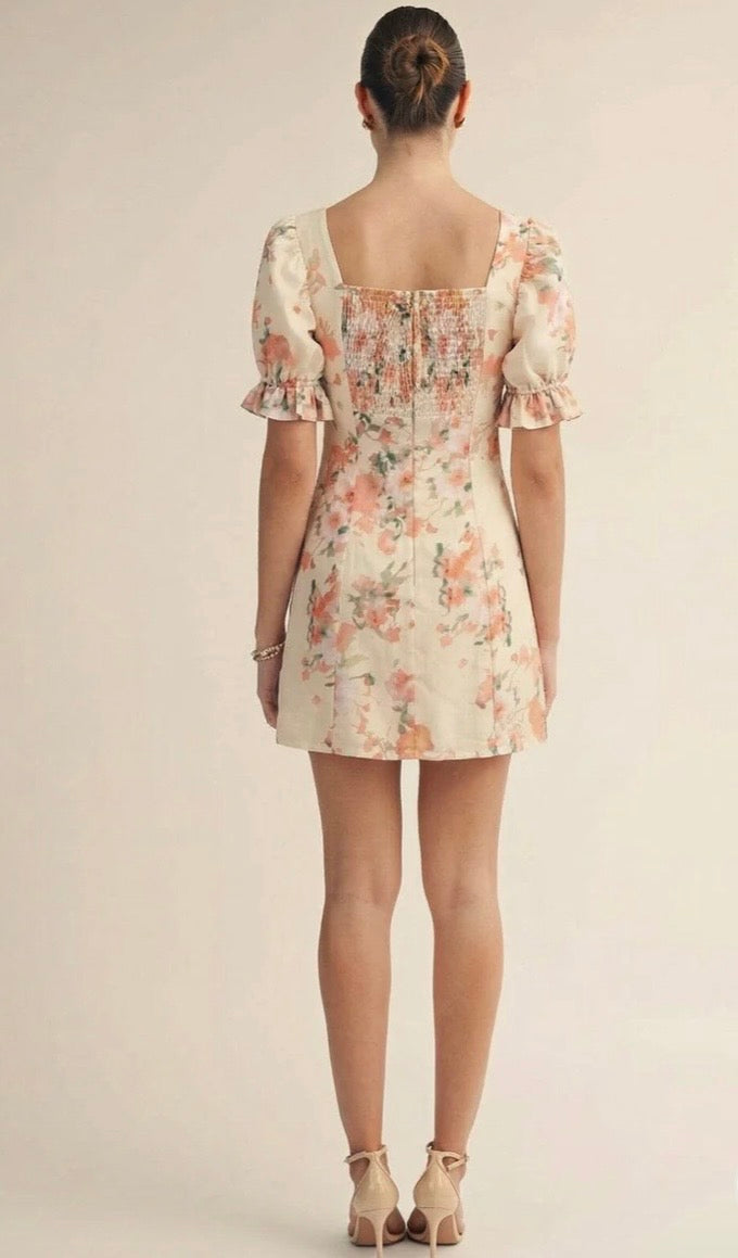 Short Puff Sleeve Square Neck Smock Floral Mini Dress