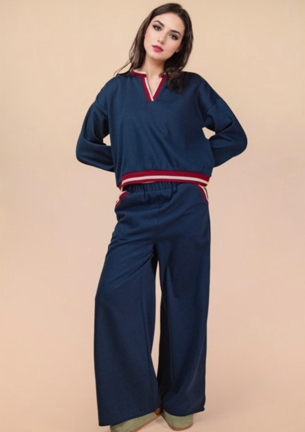 Color Block Band Detail Comfy Knit Top & Pants Set
