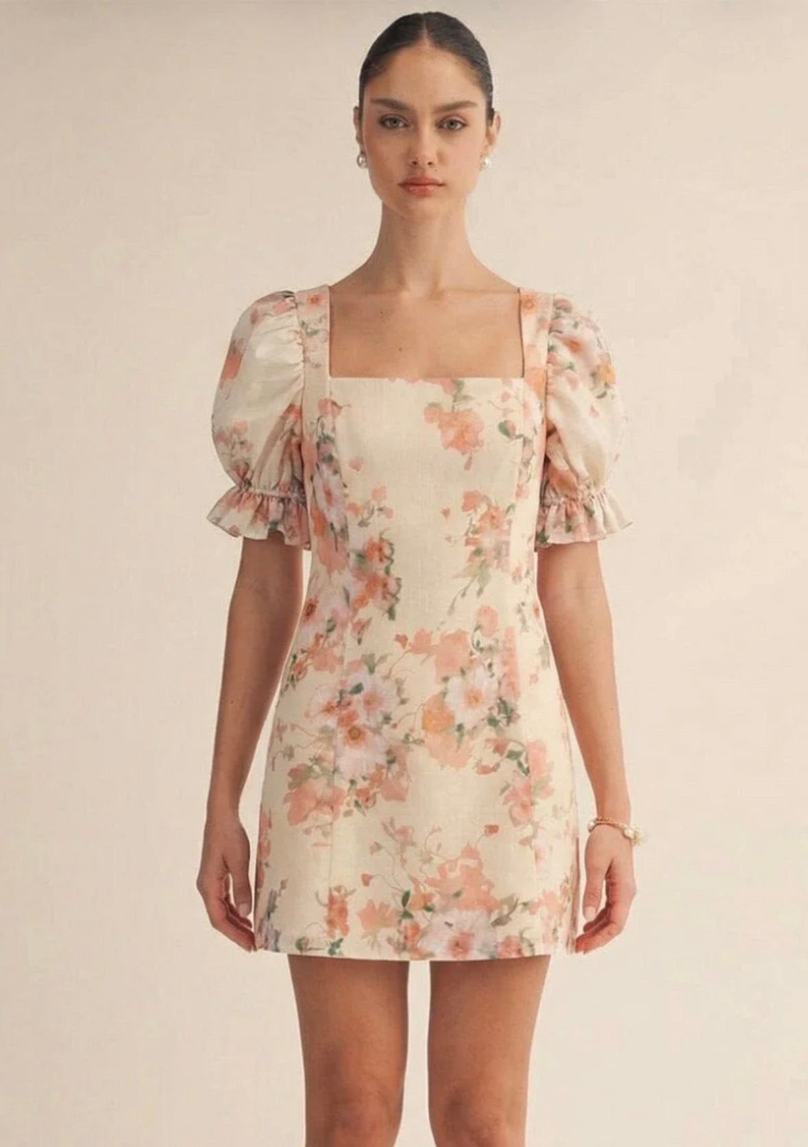Short Puff Sleeve Square Neck Smock Floral Mini Dress