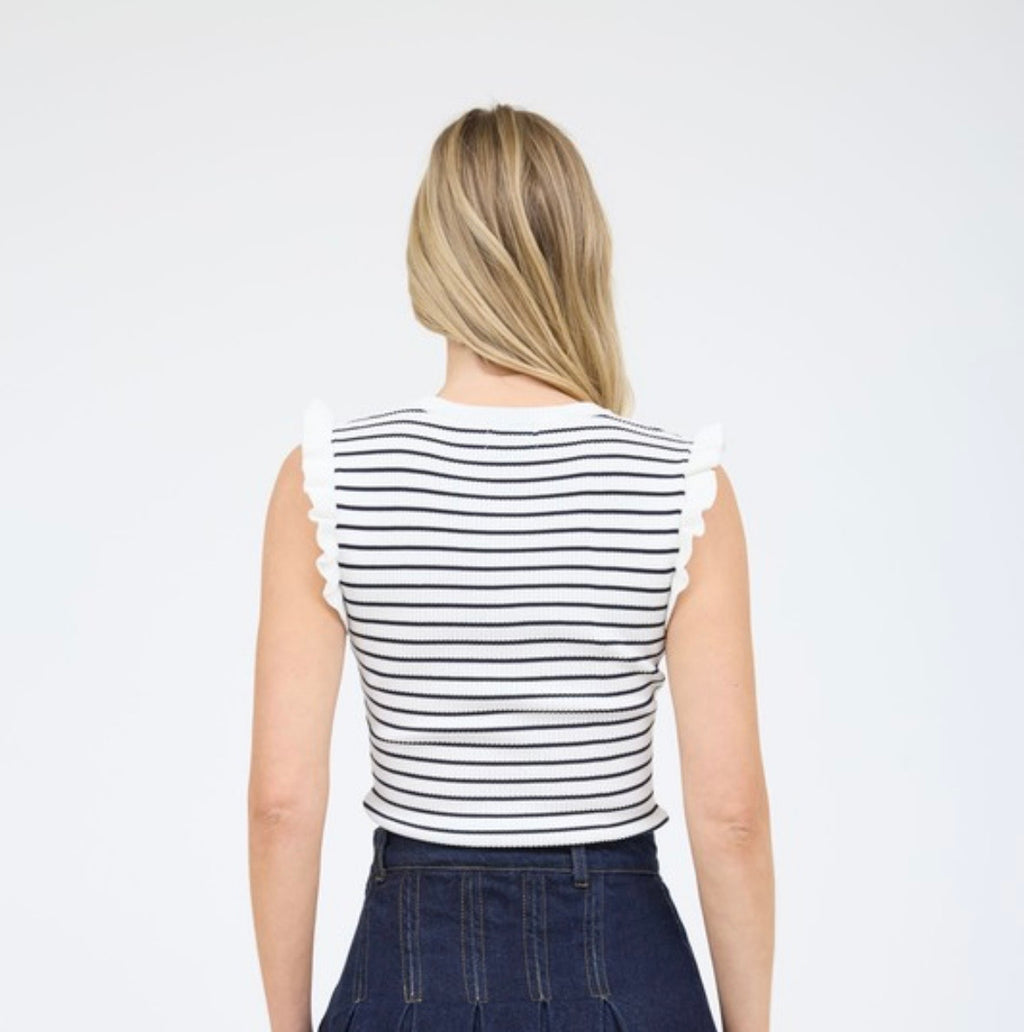 Striped Ruffle Trim Sleeveless Pullover Sweater