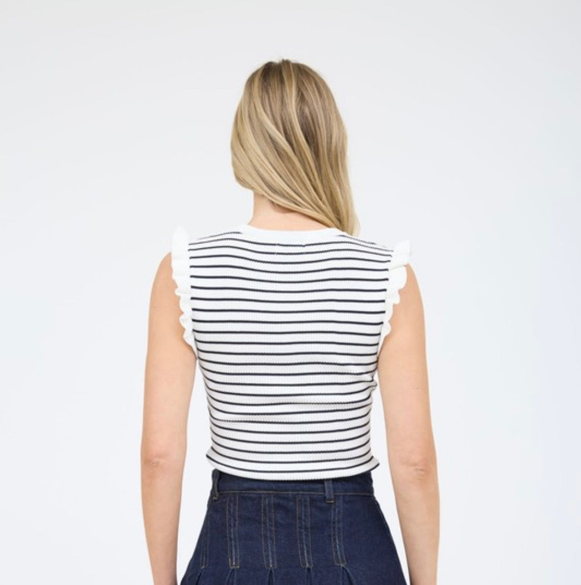 Striped Ruffle Trim Sleeveless Pullover Sweater
