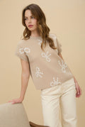Bow Pattern Round Neck Short Sleeve Knit Sweater