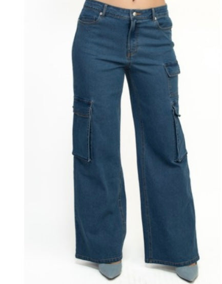 Mid-Rise Cargo Denim Pants