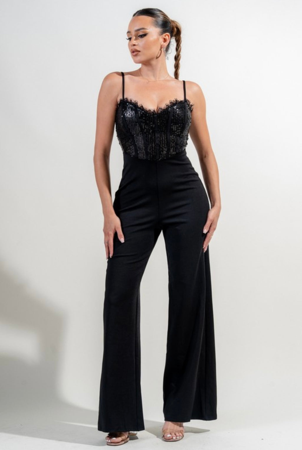 Luxe Sequins Lace Sweetheart Nylon Ponte Jumpsuit