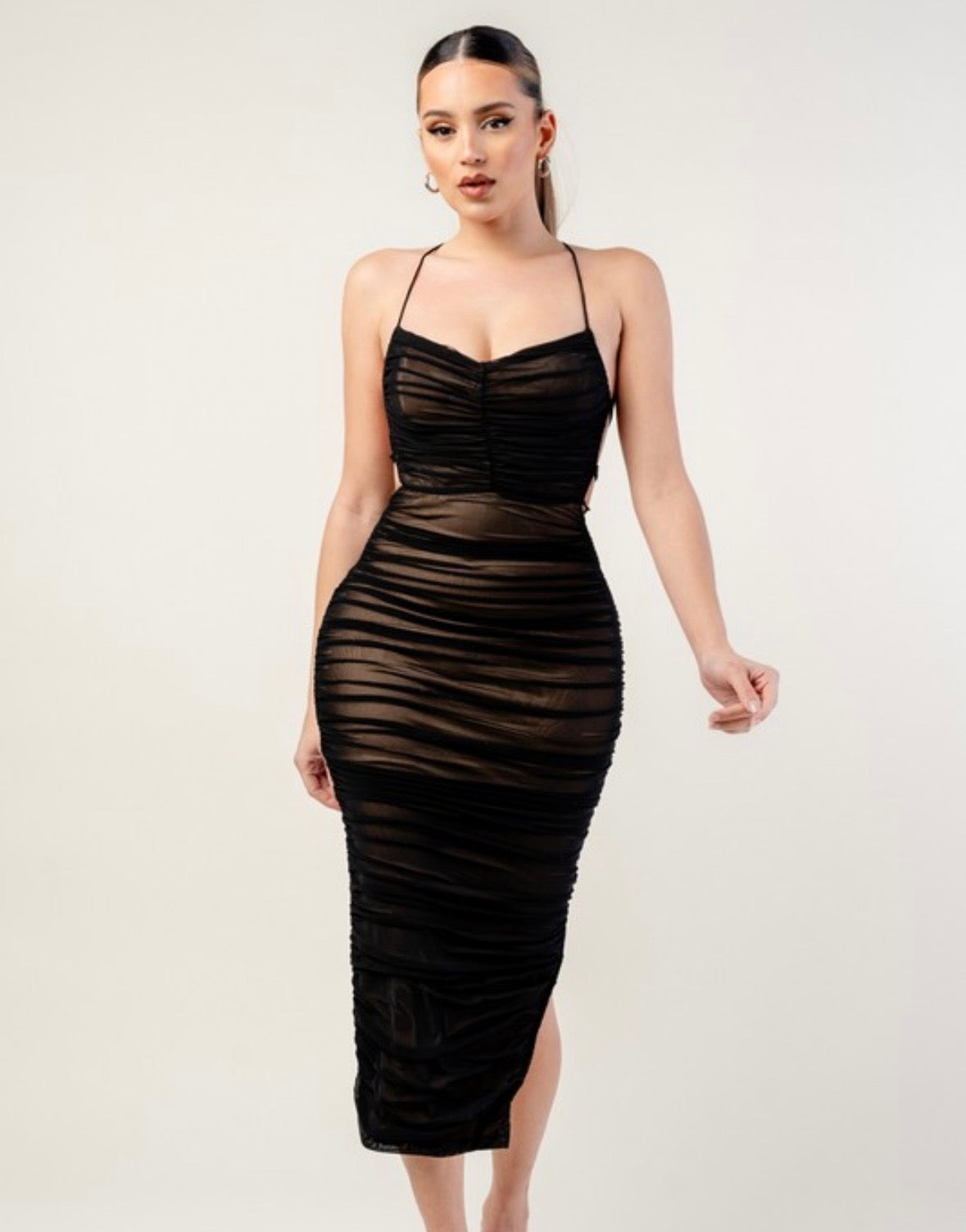 Lux Mesh Drawstring Lace Up Back Ruched Midi Dress