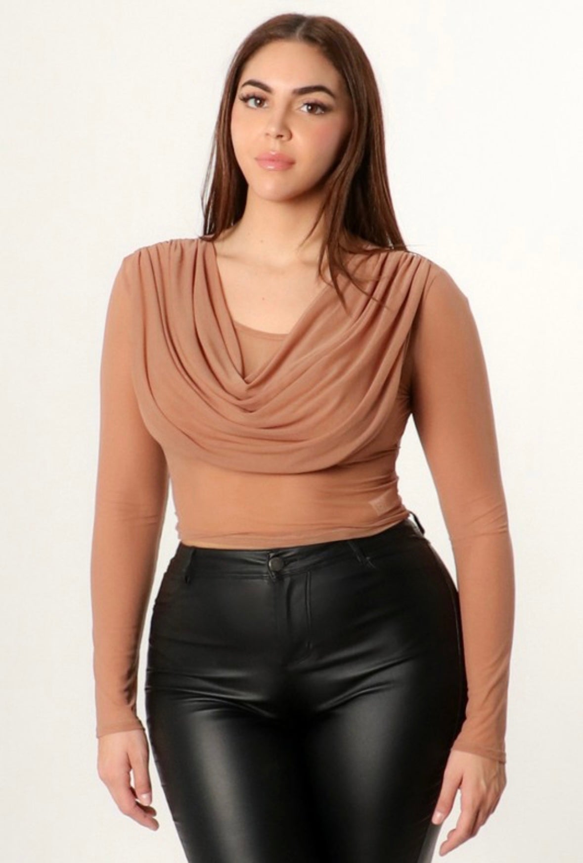 Draped Neck Long Sleeve Sheered Top