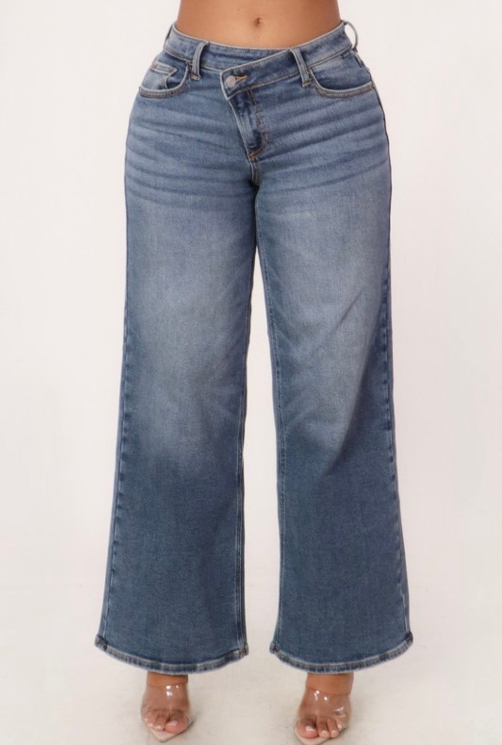 Asymmetrical Waist Wide Leg Stretchy Jean