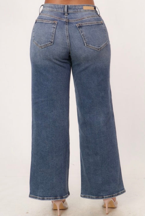 Asymmetrical Waist Wide Leg Stretchy Jean