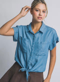 Chambray Denim Tie-Front Shirt Manga Corta
