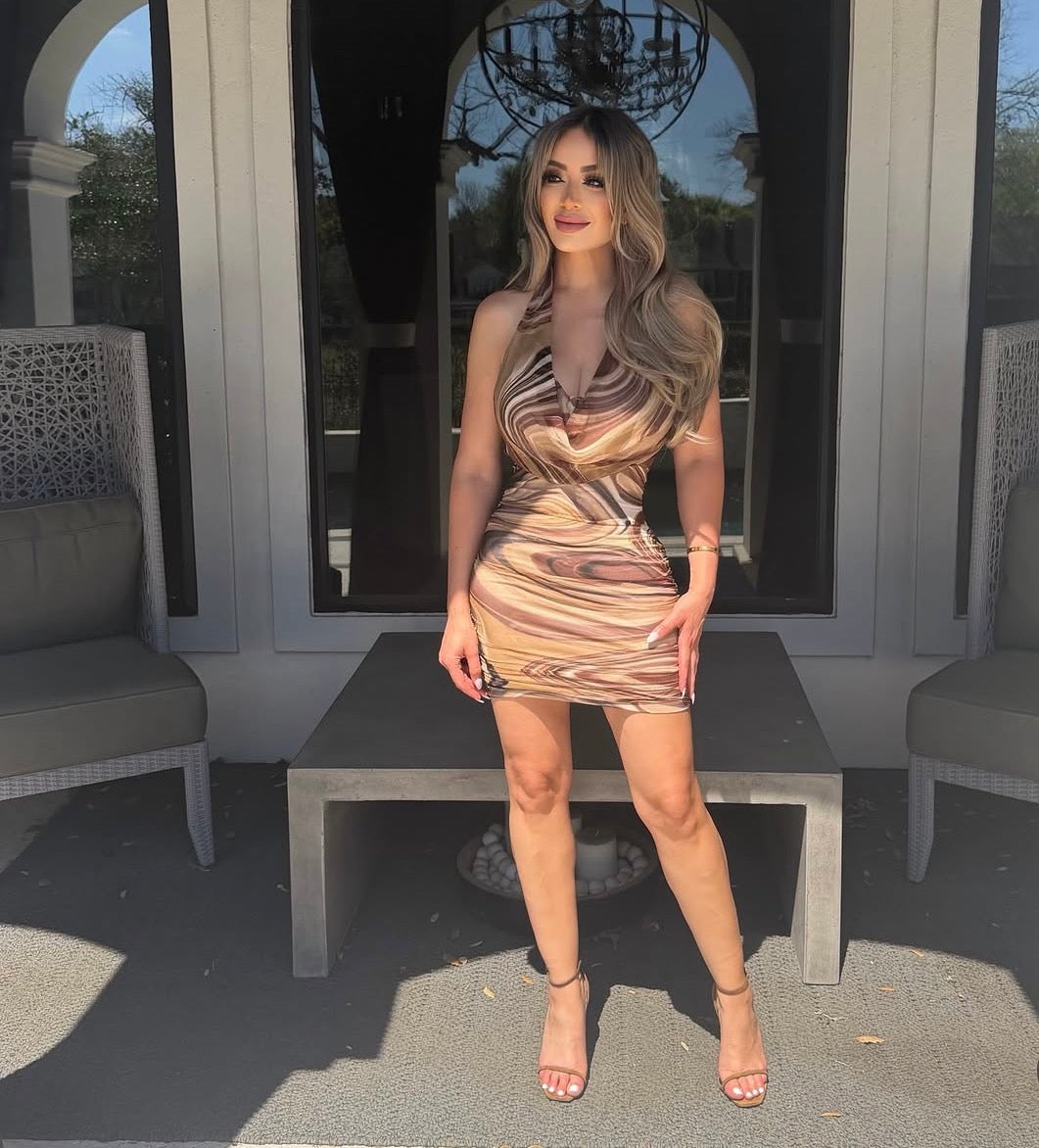 Print Drape Neck Mesh Mini Dress